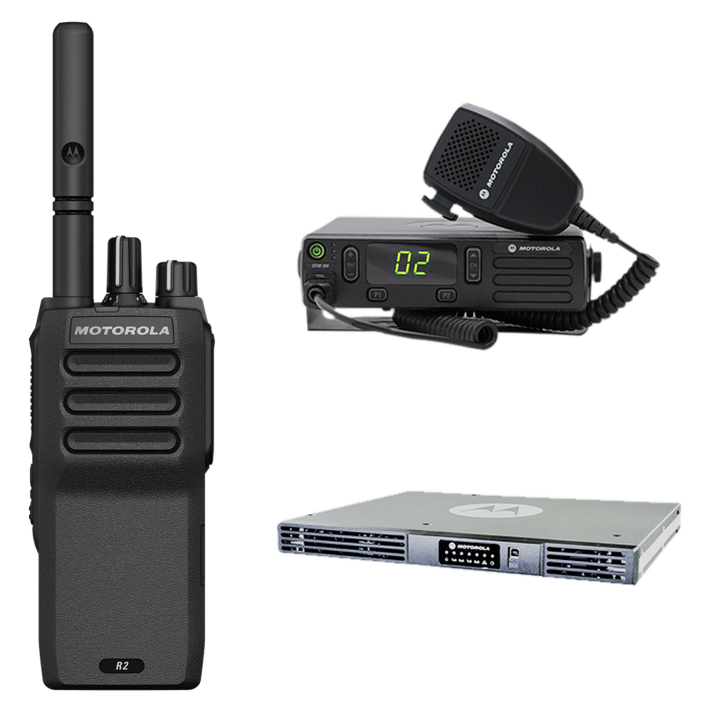 Radio portátil Motorola R2, móvil DEM 300 y repetidor SLR 5100